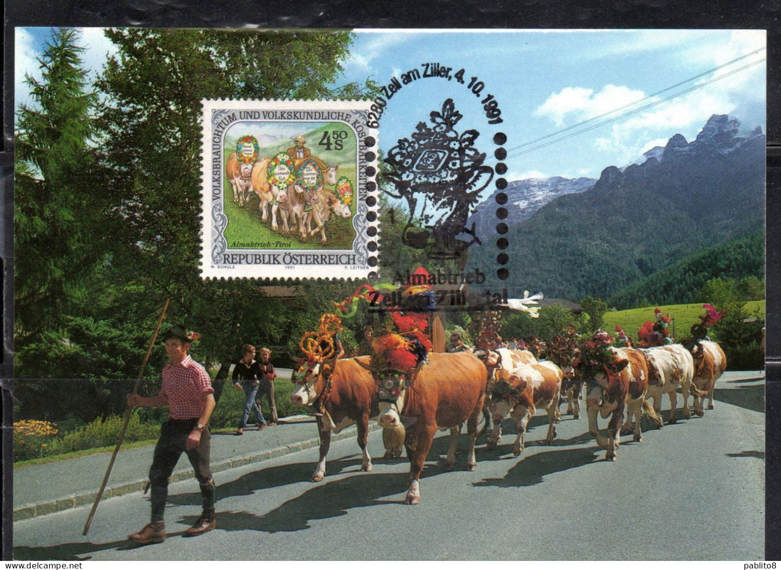 AUSTRIA ÖSTERREICH 1991 AUSTRIAN FOLK FESTIVAL ALMABTRIEB TYROL 4.50s CARTE MAXIMUM MAXI CARD - Maximumkarten (MC)