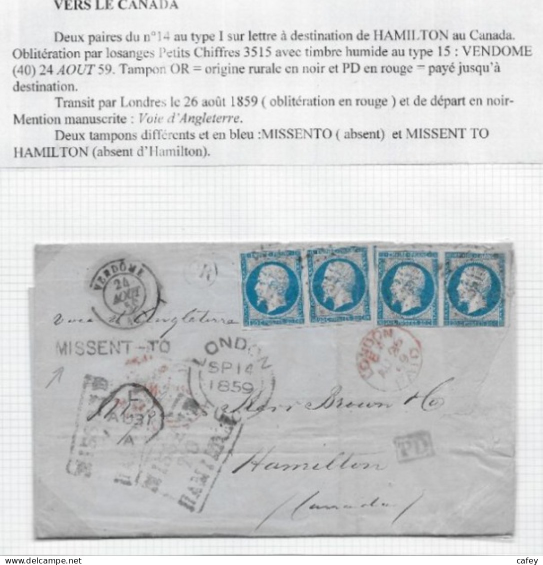 Destination CANADA Lettre De VENDOME 1859 P / HAMILTON Timbres Empire N° 14x4 Voie D'Angleterre Griffe MISSENT   RARE - 1853-1860 Napoleon III