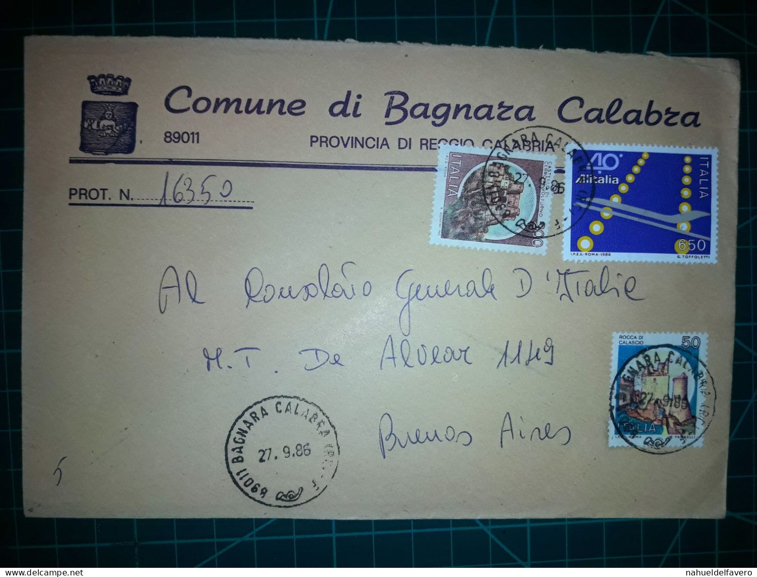 ITALIE, Enveloppe Communale Circulée à Buenos Aires, Argentine Avec Divers Timbres-poste (châteaux Et Autres). Commune: - 1981-90: Gebraucht
