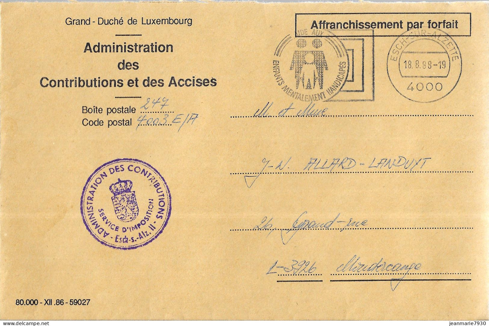 H327 - LETTRE DE ESCH SUR ALZETTE DU 18/08/88 - FLAMME - ADMINISTRATION DES CONTRIBUTIONS ET DES ACCISES - Frankeermachines (EMA)