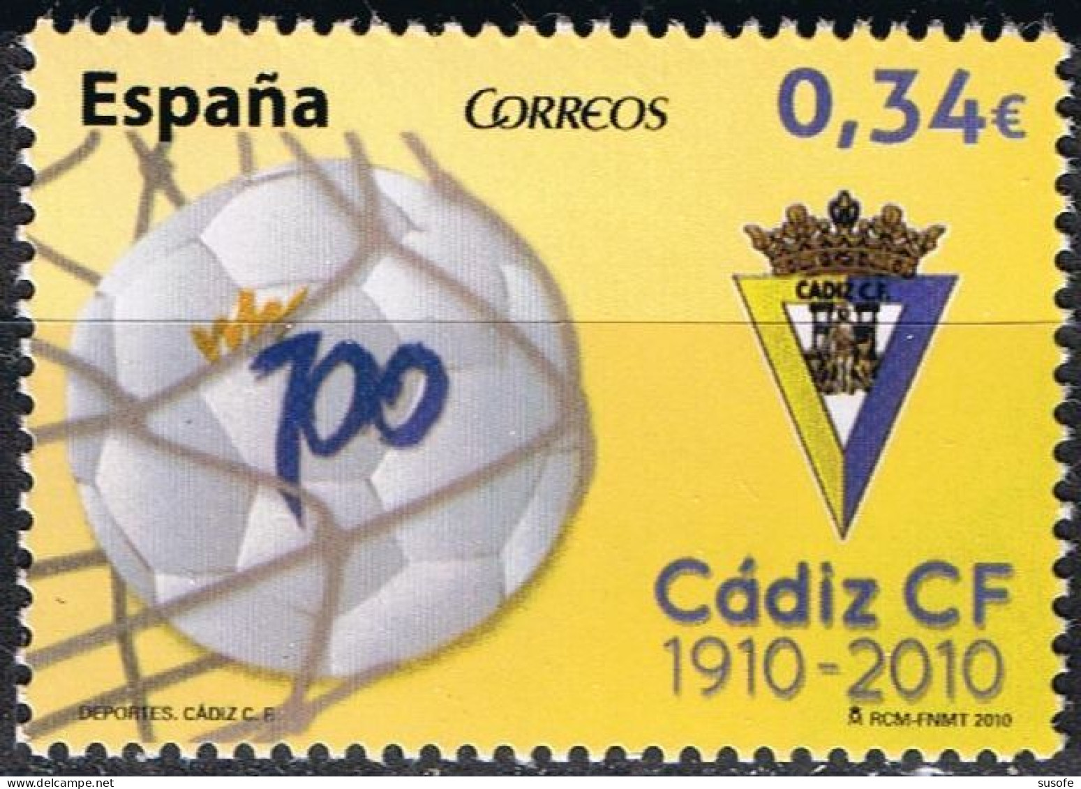 España 2010 Edifil 4588 Sello ** Deportes Centenario Equipos Futbol Cadiz CF (1910-2010) Michel 4529 Yvert 4234 Spain - Neufs