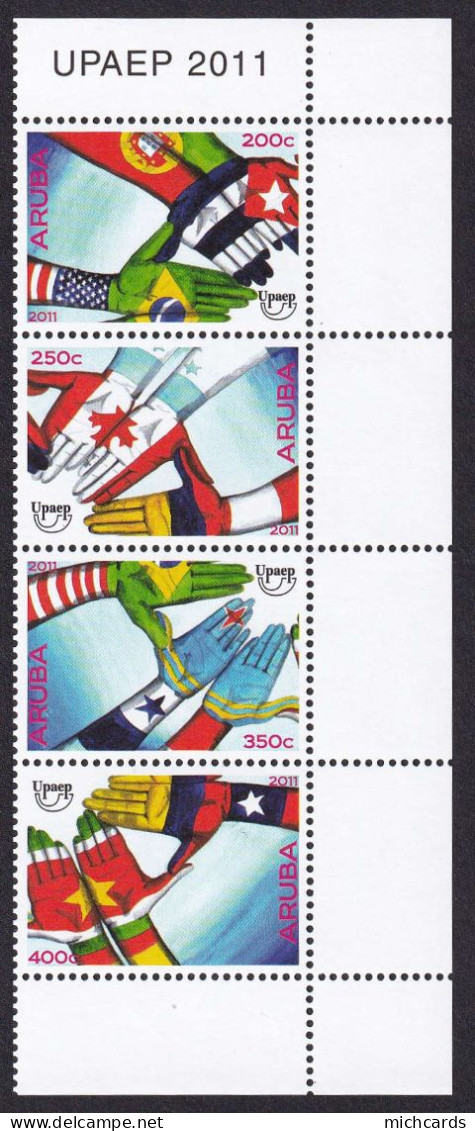 323 ARUBA 2011 - Y&T 540/43 - Union Postale Main Drapeau - Neuf ** (MNH) Sans Charniere - Curaçao, Nederlandse Antillen, Aruba
