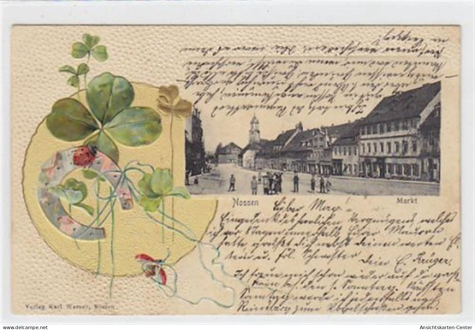 39032206 - Mit Kleeblaettern Und Hufeisen Verzierte Passepartout Praegekarte Von Nossen . Markt Gelaufen 1904. Gute Erh - Nossen