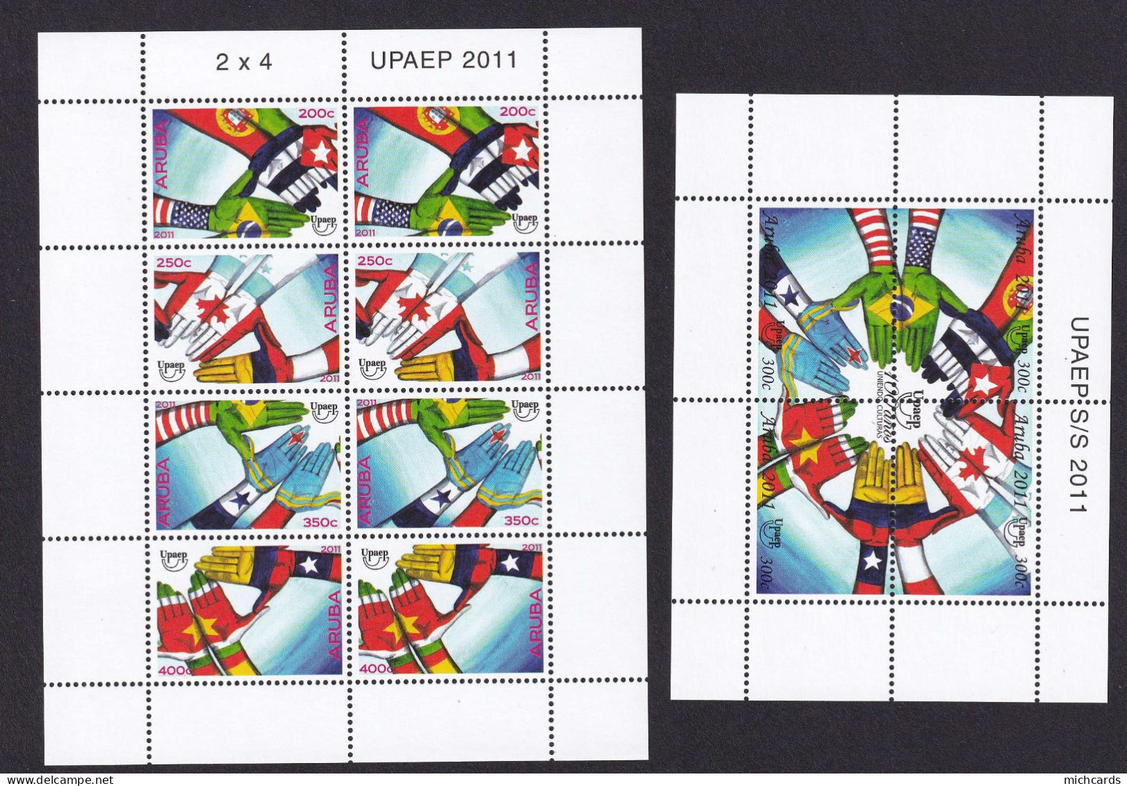 323 ARUBA 2011 - Y&T 540/43 X 2  BF 8 - Union Postale Main Drapeau - Neuf ** (MNH) Sans Charniere - Niederländische Antillen, Curaçao, Aruba