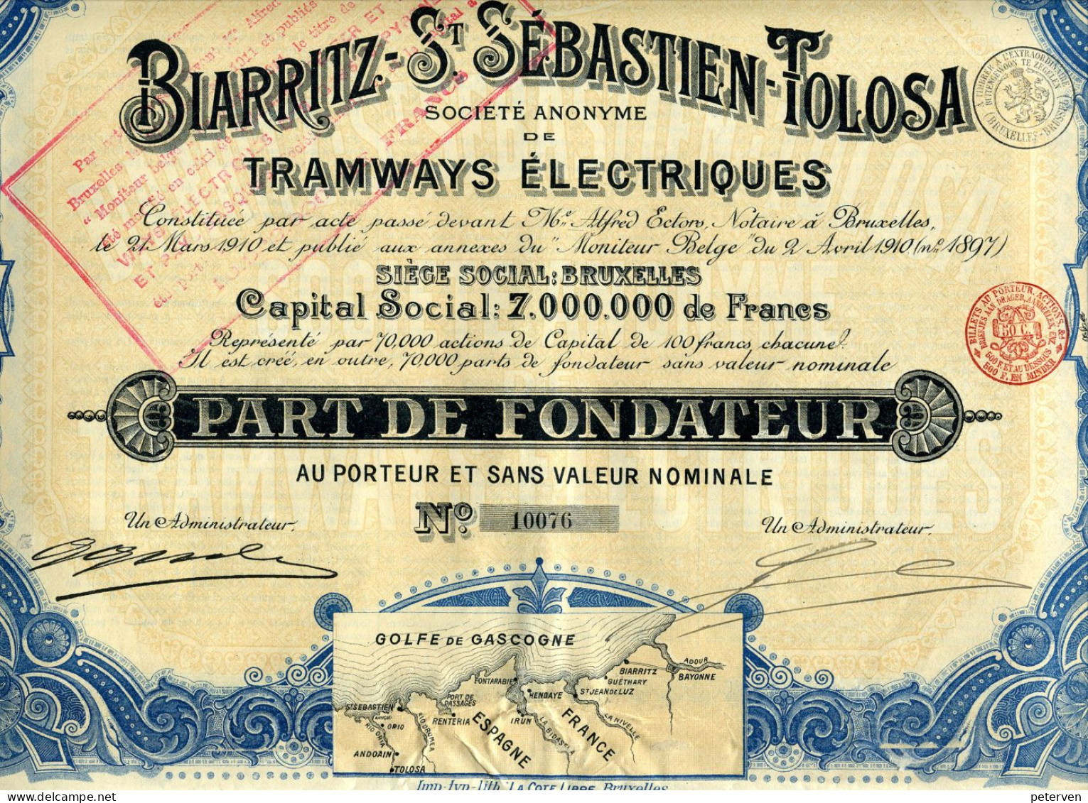 Tramways Électriques  De BIARRITZ-St. SÉBASTIEN-TOLOSA; Part De Fondateur - Ferrocarril & Tranvías
