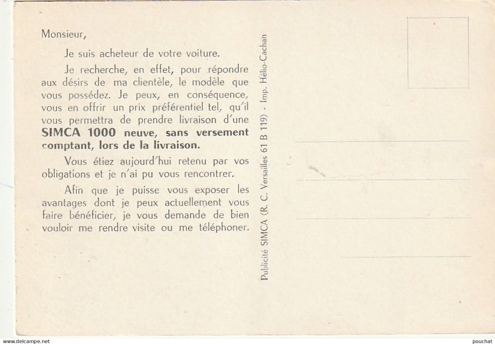 YO Nw30- AUTOMOBILE SIMCA 1000 - CARTE PUBLICITAIRE - Voitures De Tourisme