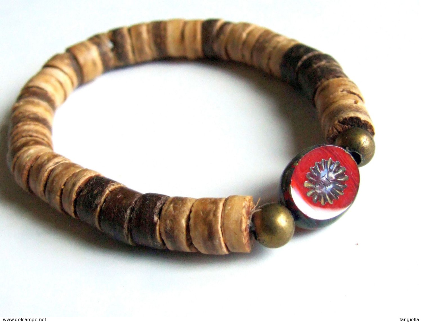 Bracelet Homme D'été, Bijou Unisexe Rustique Nomade, Bois De Coco Naturel, Perle Verre Rouge, Bijou Surf, Bijou Pirate, - Armbanden