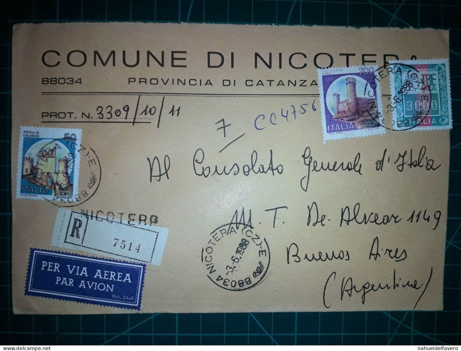 ITALIE, Enveloppe Communale Circulée à Buenos Aires, Argentine Avec Divers Timbres-poste (châteaux Et Autres). Commune: - 1981-90: Oblitérés