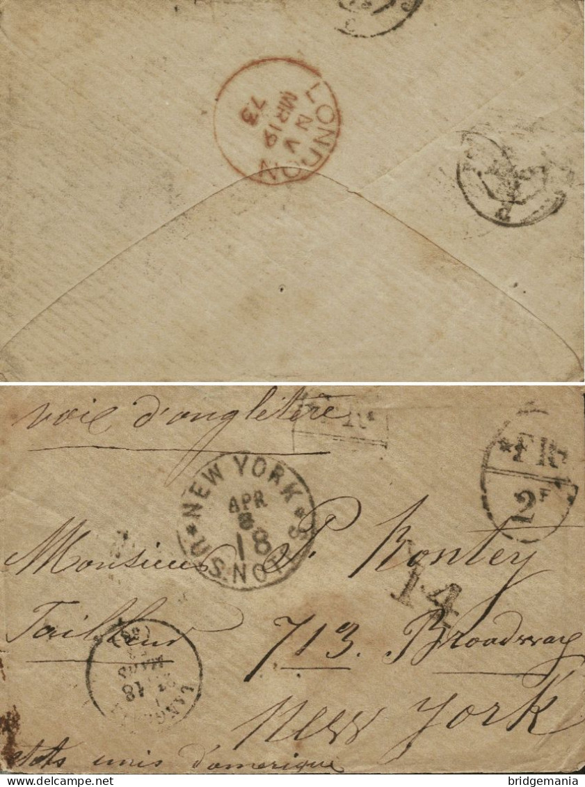 MTM158 - 1873 TRANSATLANTIC LETTER FRANCE TO USA Steamer RUSSIA CUNARD - UNPAID - Storia Postale