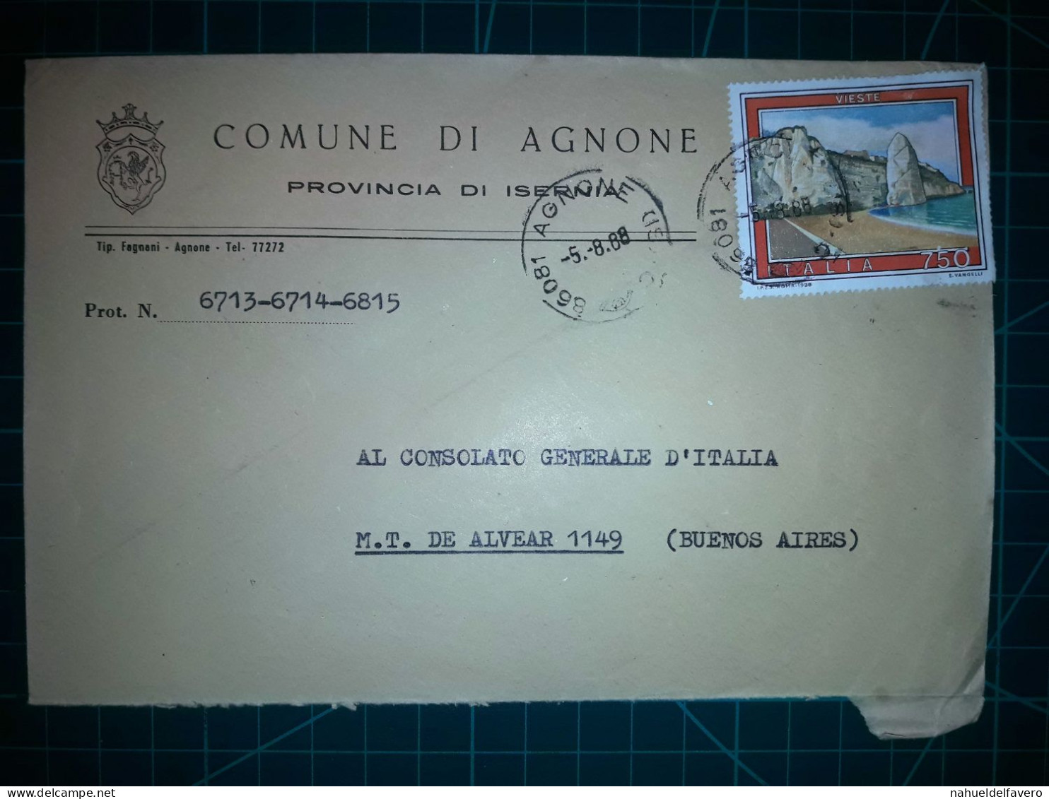 ITALIE, Enveloppe Communale Circulée à Buenos Aires, Argentine Avec Divers Timbres-poste (châteaux Et Autres). Commune: - 1981-90: Used