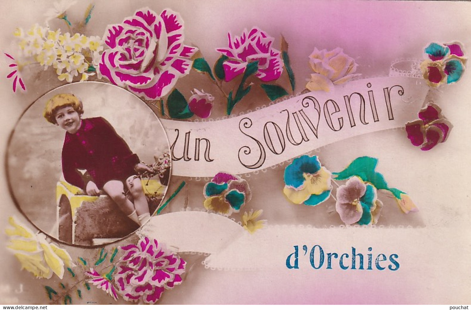 YO Nw-(59) UN SOUVENIR D'ORCHIES - CARTE FANTAISIE - DECOR FLORAL ET MEDAILLON AVEC ENFANT - Orchies