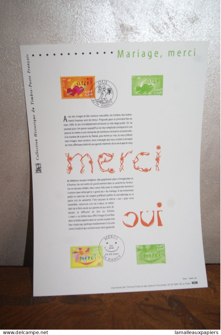 Mariage Merci : Collection Historique Du Timbre Poste Français (2001) 1e JOUR - Altri & Non Classificati