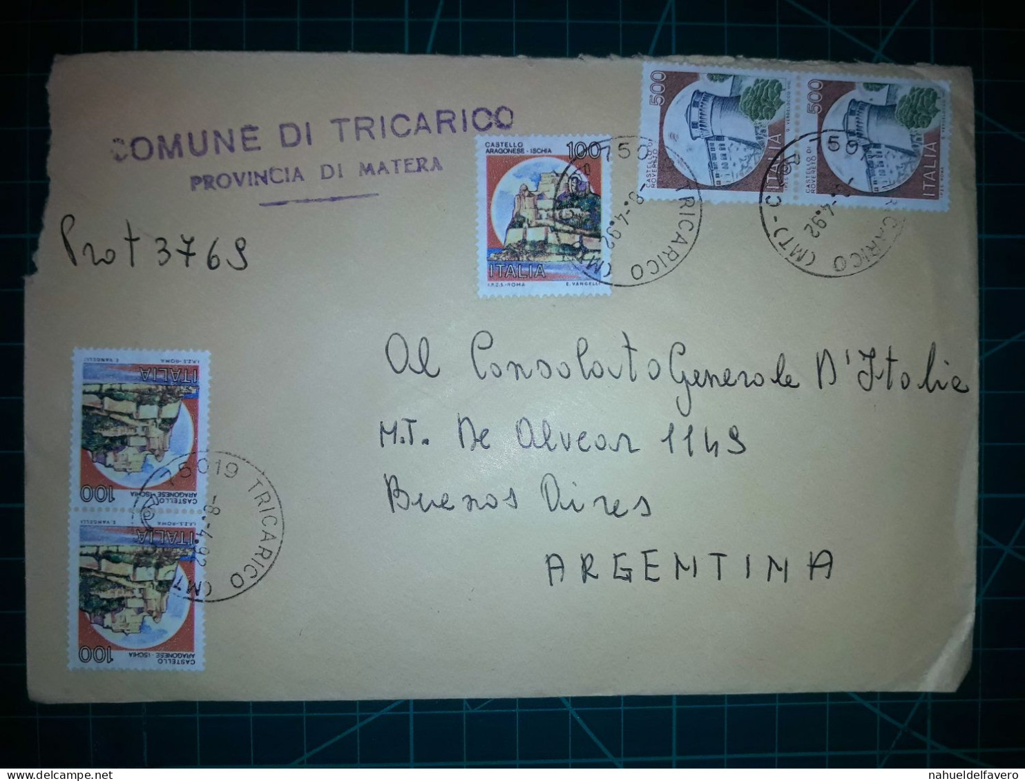 ITALIE, Enveloppe Communale Circulée à Buenos Aires, Argentine Avec Divers Timbres-poste (châteaux Et Autres). Commune: - 1991-00: Usados
