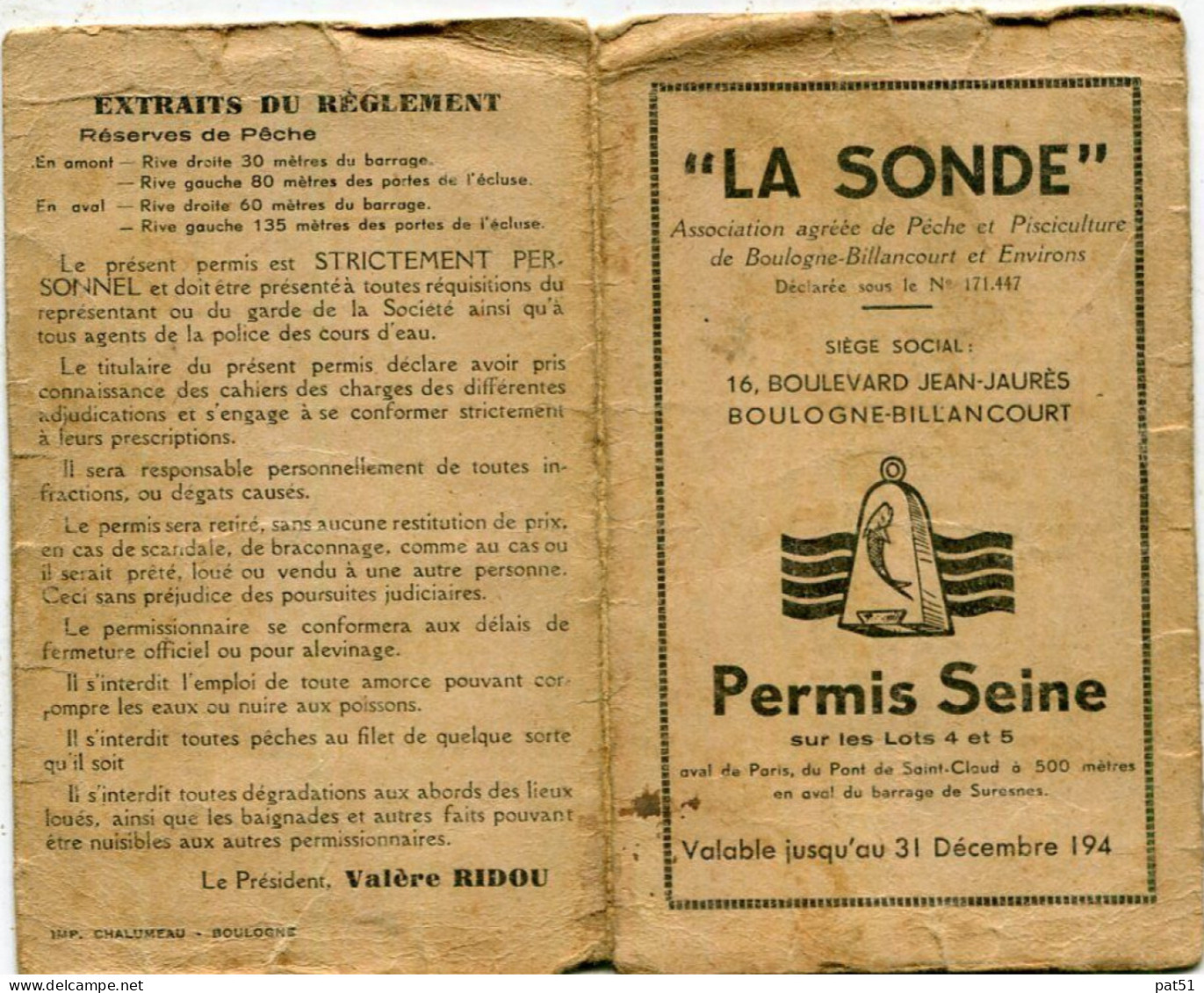 92 - Boulogne Billancourt : Carte De Pêche " LA SONDE " - 1946 - Membership Cards