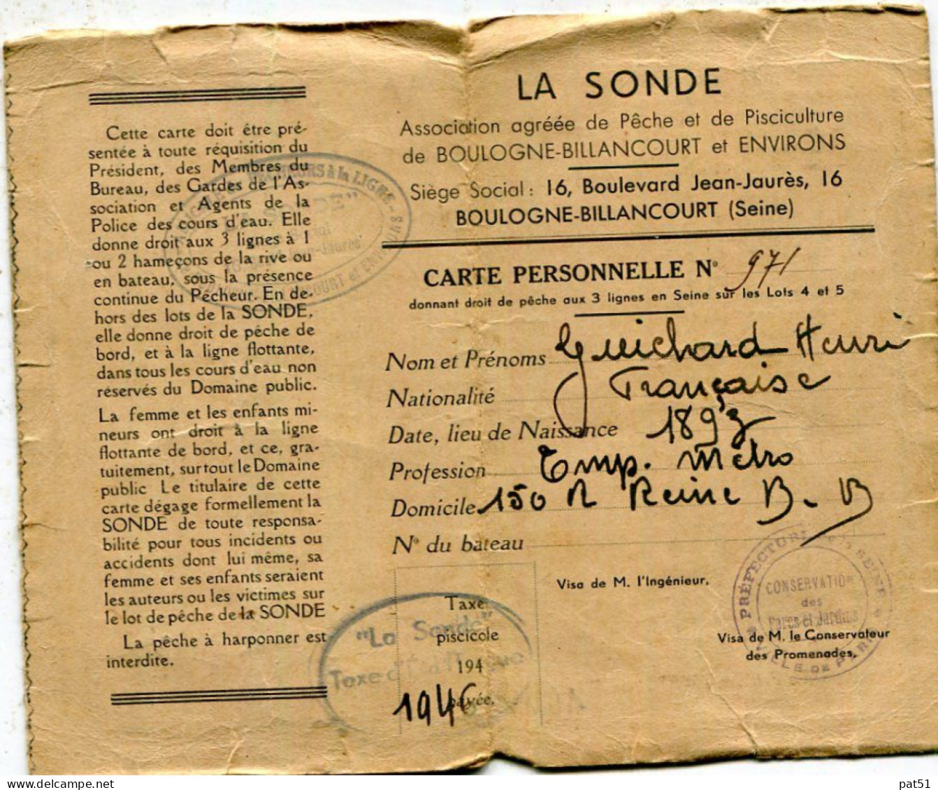 92 - Boulogne Billancourt : Carte De Pêche " LA SONDE " - 1946 - Lidmaatschapskaarten