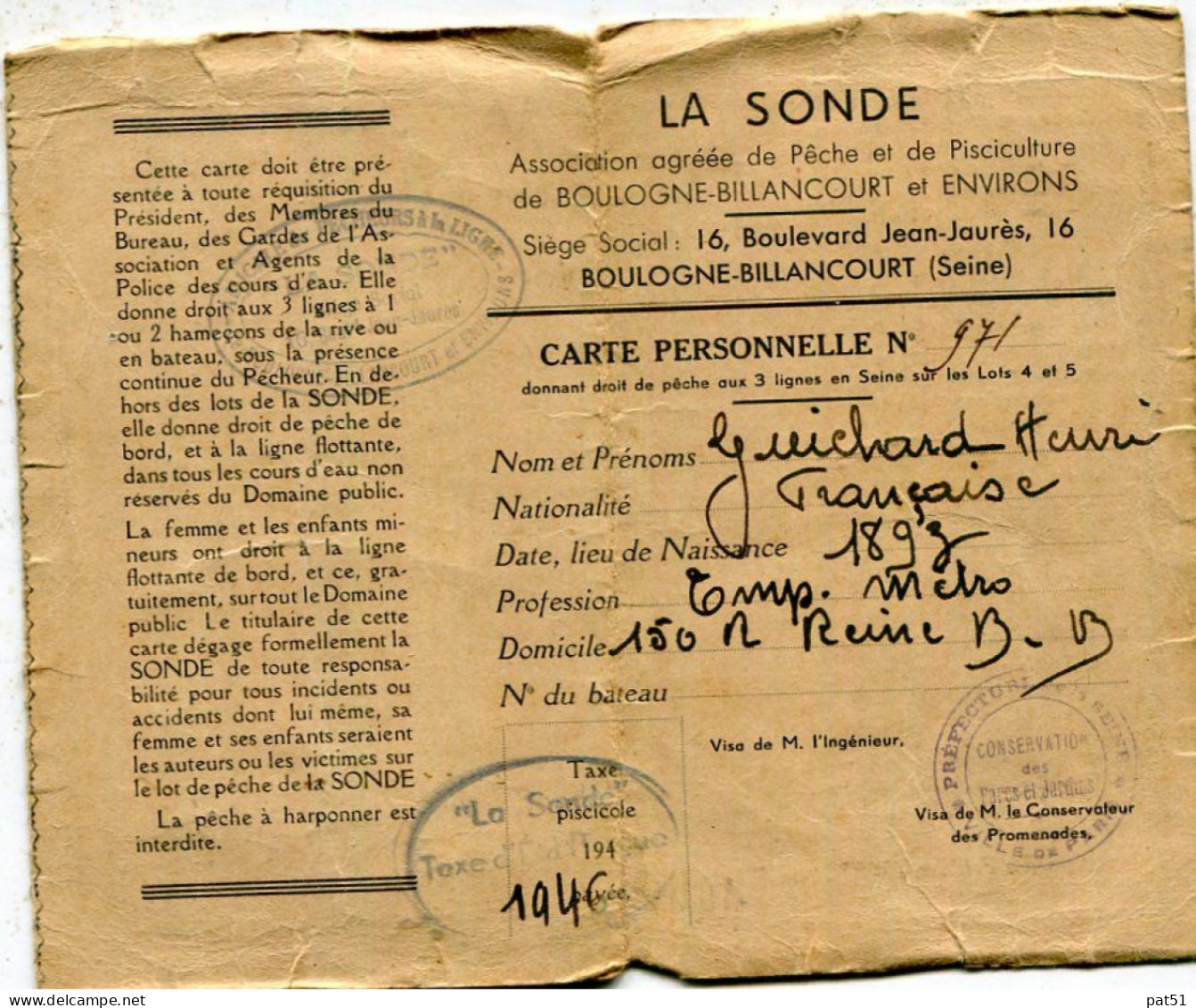 92 - Boulogne Billancourt : Carte De Pêche " LA SONDE " - 1946 - Membership Cards