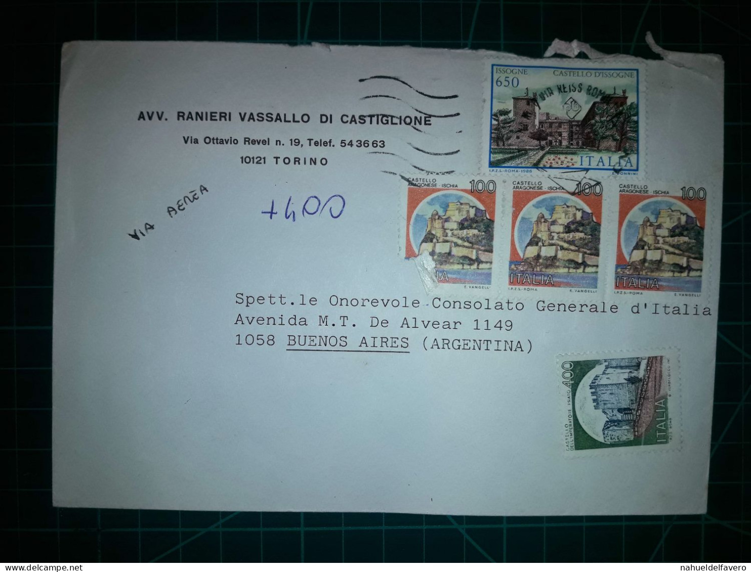 ITALIE, Enveloppe Communale Circulée à Buenos Aires, Argentine Avec Divers Timbres-poste (châteaux Et Autres). Commune: - 1991-00: Usados