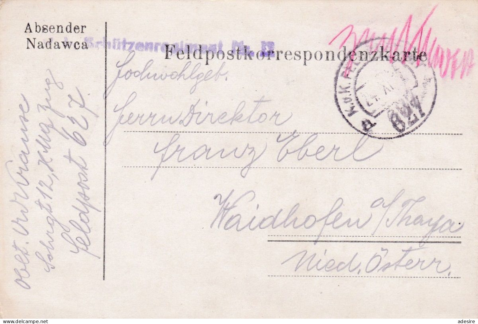 FELDPOSTKARTE - Absender: Oberleutnant ..., Gel.1917, STEMPEL Der K.u.K.Schützenregiment Nr.12, FELDPOST 627, Rote H ... - 1914-18