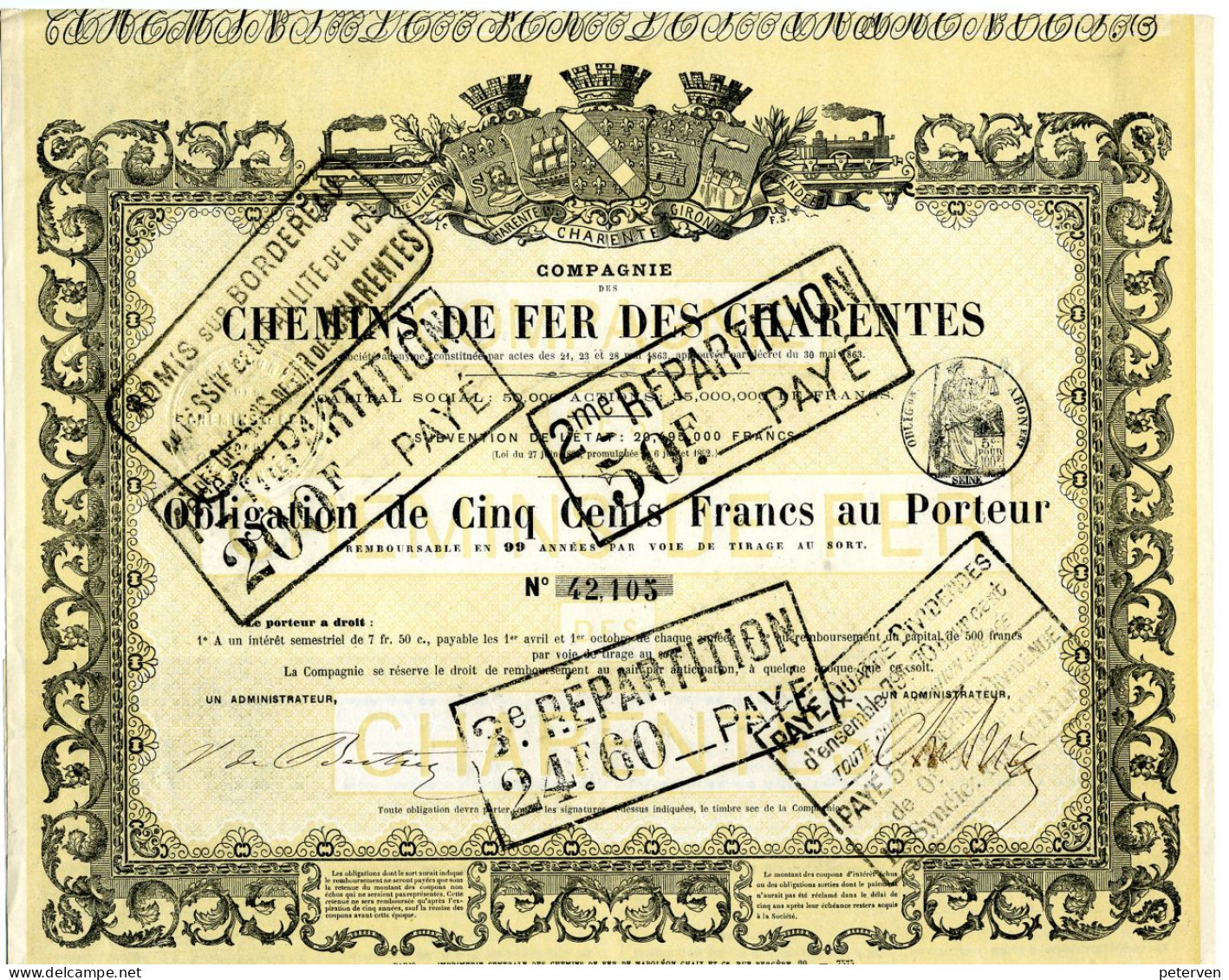 Compagnie Des CHEMINS De FER Des CHARENTES; Obligation (1863) - Chemin De Fer & Tramway