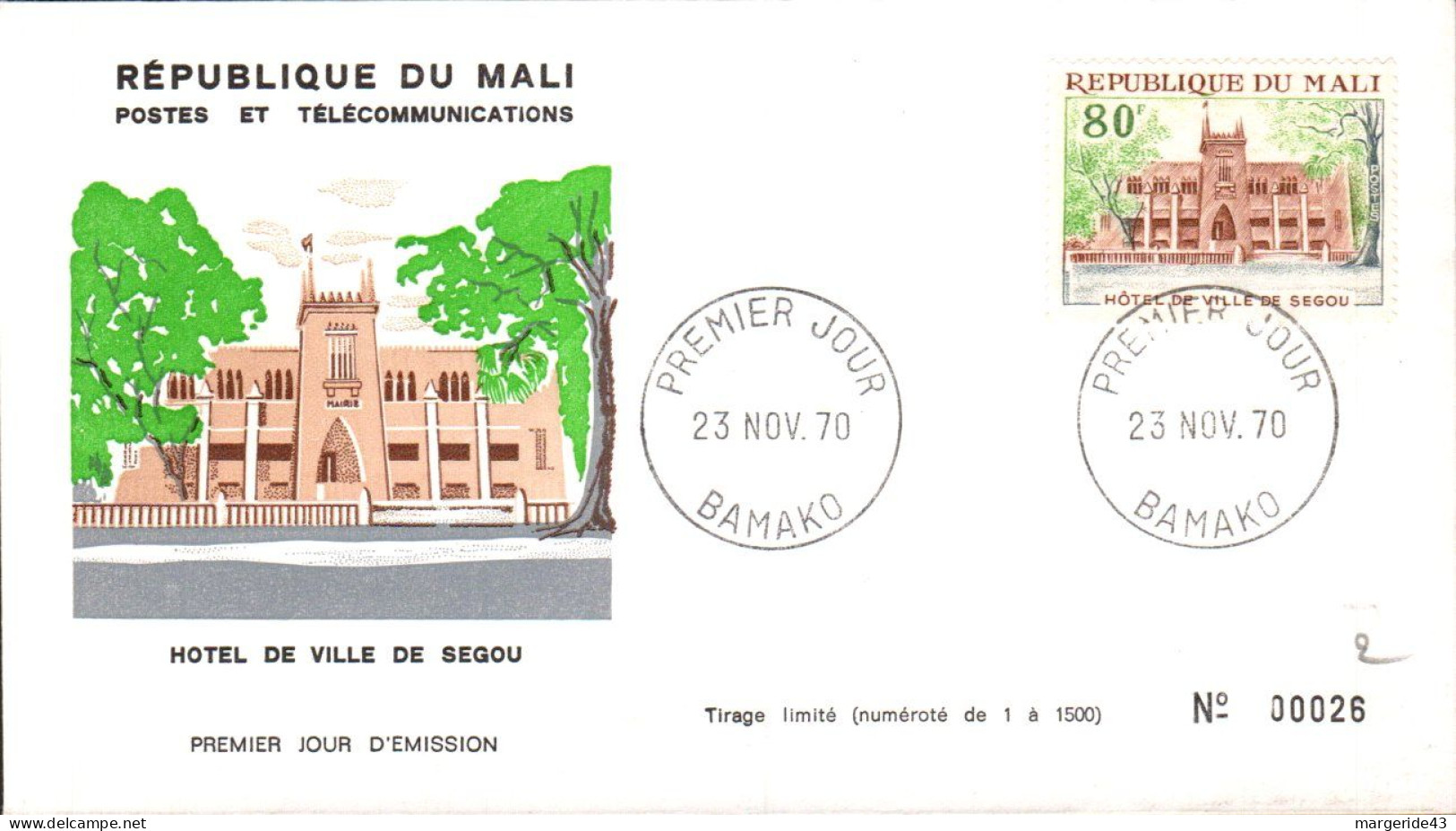 MALI FDC 1970 HOTEL DE VILLE DE SEGOU - Malí (1959-...)