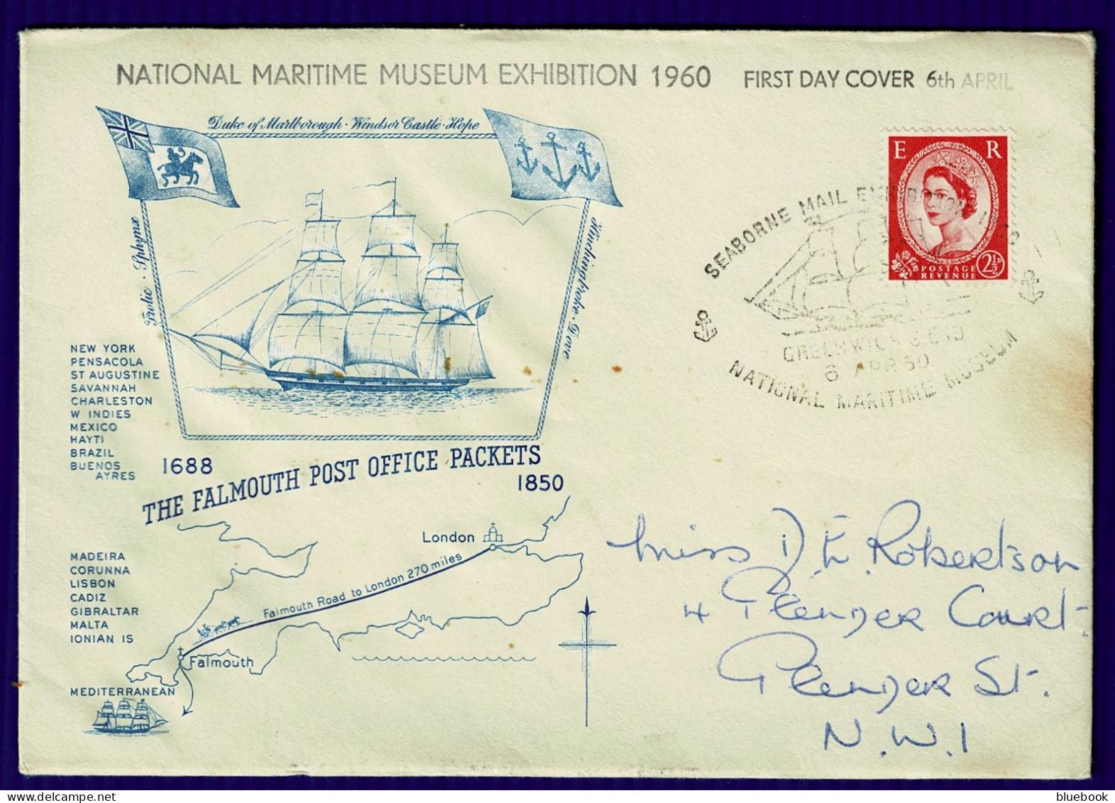 Ref 1647 - 1960 National Maritime Museum Exhibition - Falmouth Post Office Packets Cornwall - Storia Postale