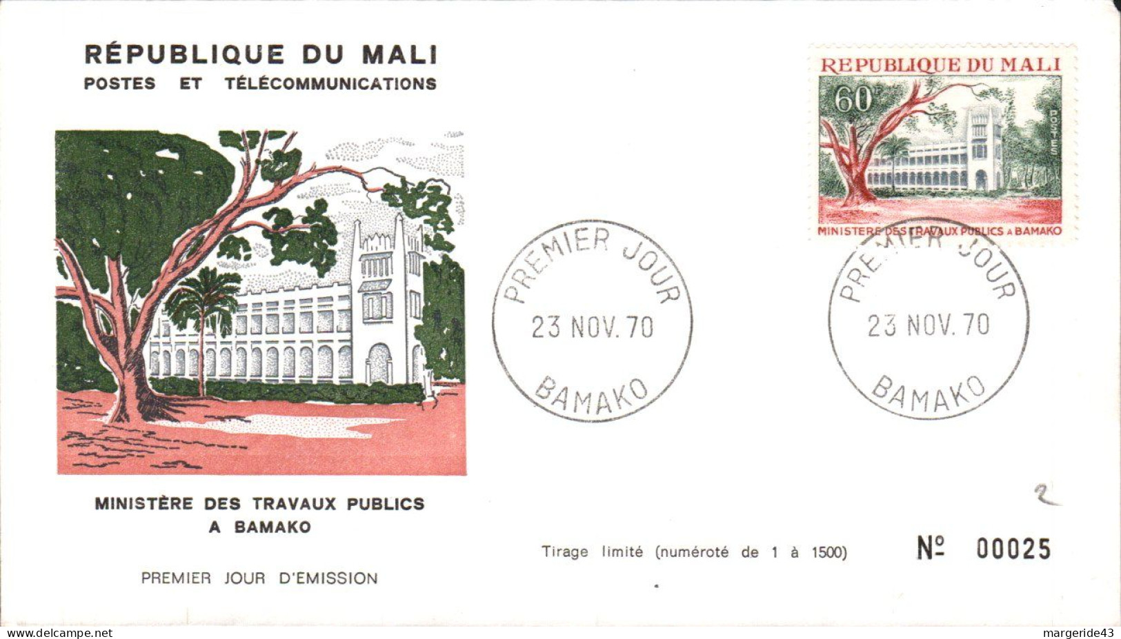 MALI FDC 1970 MINISTERE DES TRAVAUX PUBLICS BAMAKO - Malí (1959-...)