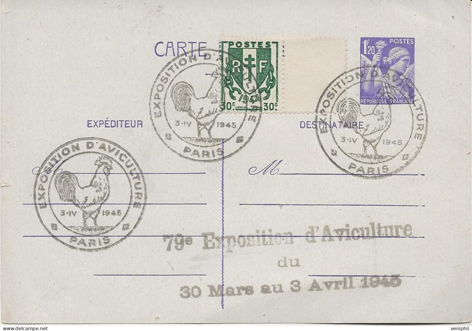 ENTIER  POSTAL OBLITERE CACHET ILLUSTRE EXPOSITION D'AVICULTURE -PARIS -3-IV-1945 - Otros & Sin Clasificación