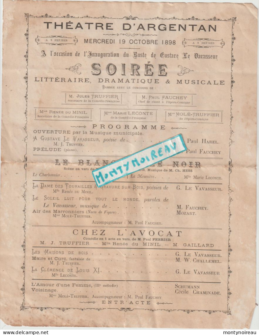 VP : JL :  ARGENTAN , Orne , : Le  Théatre 1898 , Soirée ( Chez L ' Avocat " ,"le Diner De Pierrot " Inauguration - Non Classés