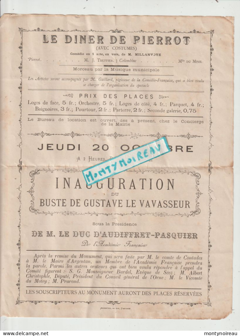 VP : JL :  ARGENTAN , Orne , : Le  Théatre 1898 , Soirée ( Chez L ' Avocat " ,"le Diner De Pierrot " Inauguration - Non Classés