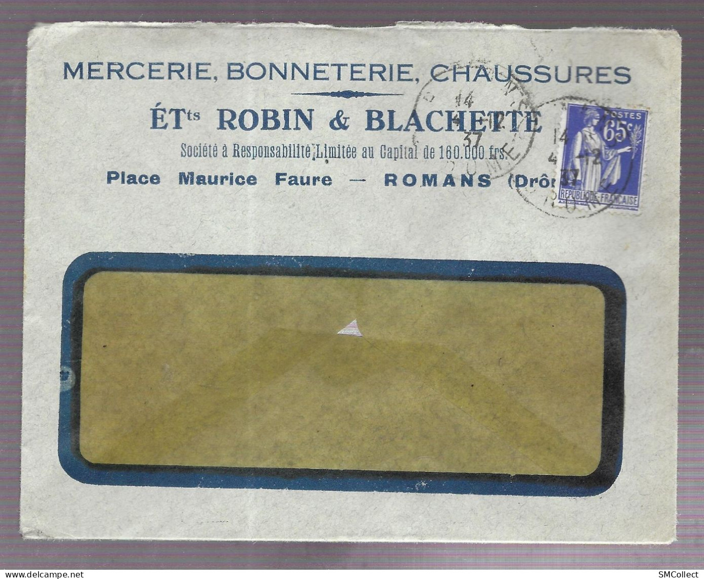 Romans 1937. Enveloppe à En-tête établissements Robin & Blachette, Voyagée Vers Lyon - 1921-1960: Moderne