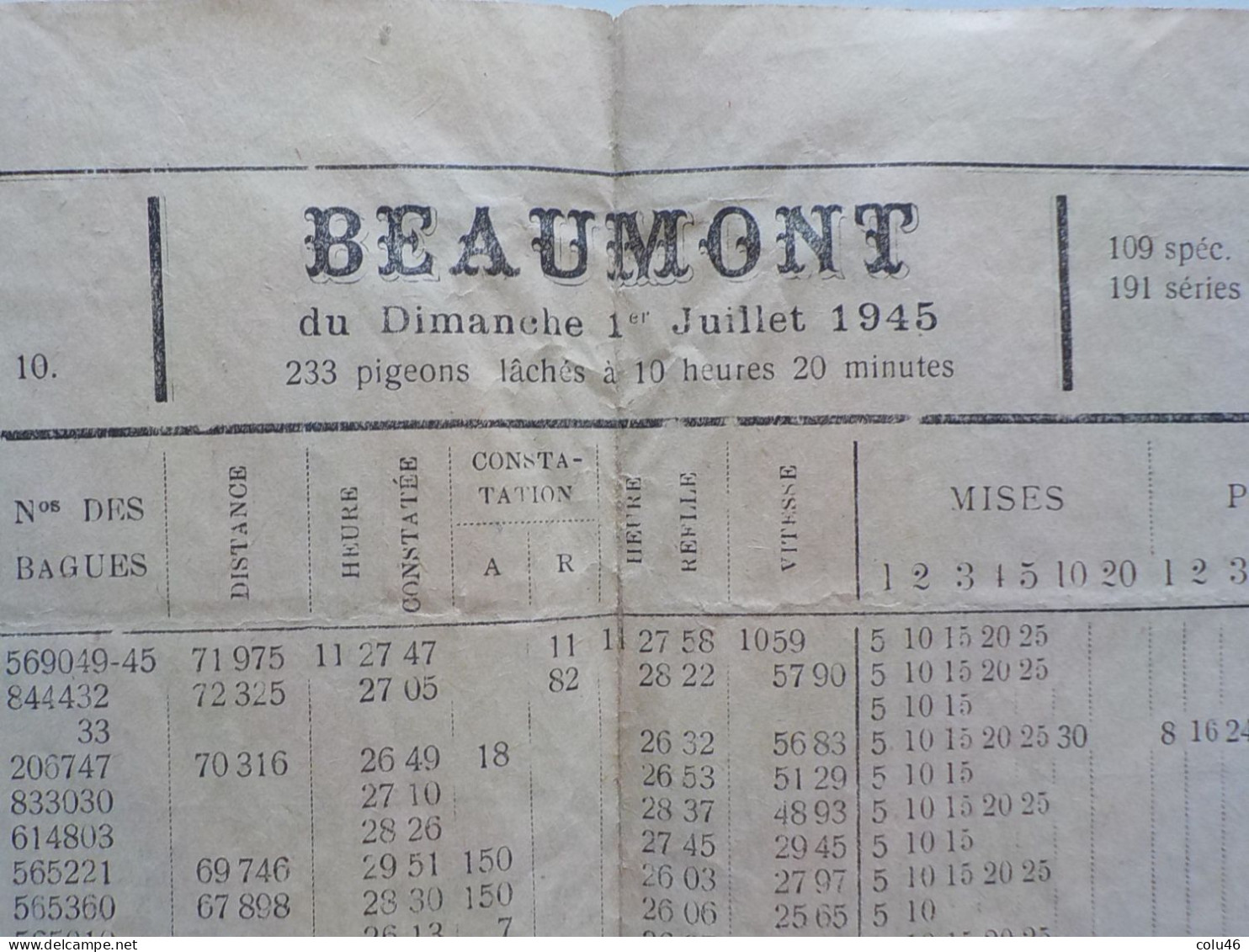 1945 Colombophilie Document Relevé De Lacher De Pigeons L' Hirondelle Ellezelles Beaumont Arlon - Verzamelingen