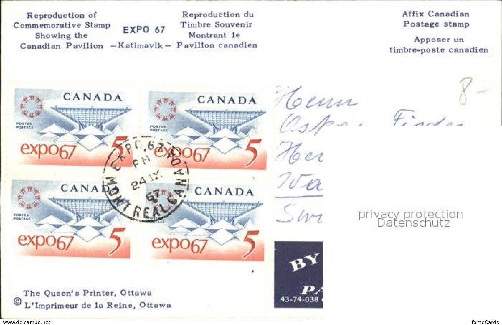 12020961 Montreal Quebec Expo 67 Canadian Pavilion Katimavik Stamp Sonderbriefma - Unclassified