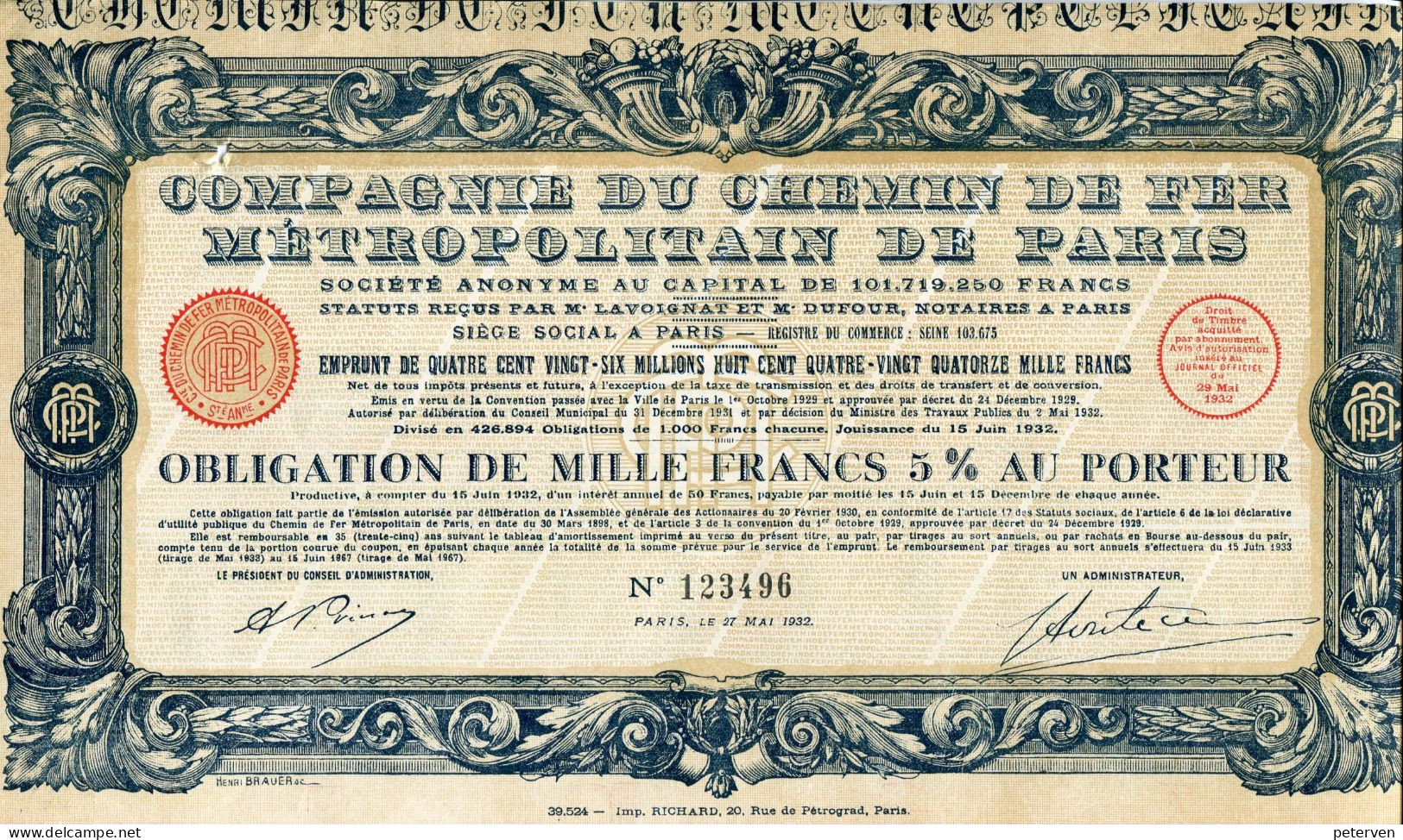 Compagnie Du CHEMIN De FER MÉTROPOLITAIN De PARIS (Imprimerie Richard) - Railway & Tramway