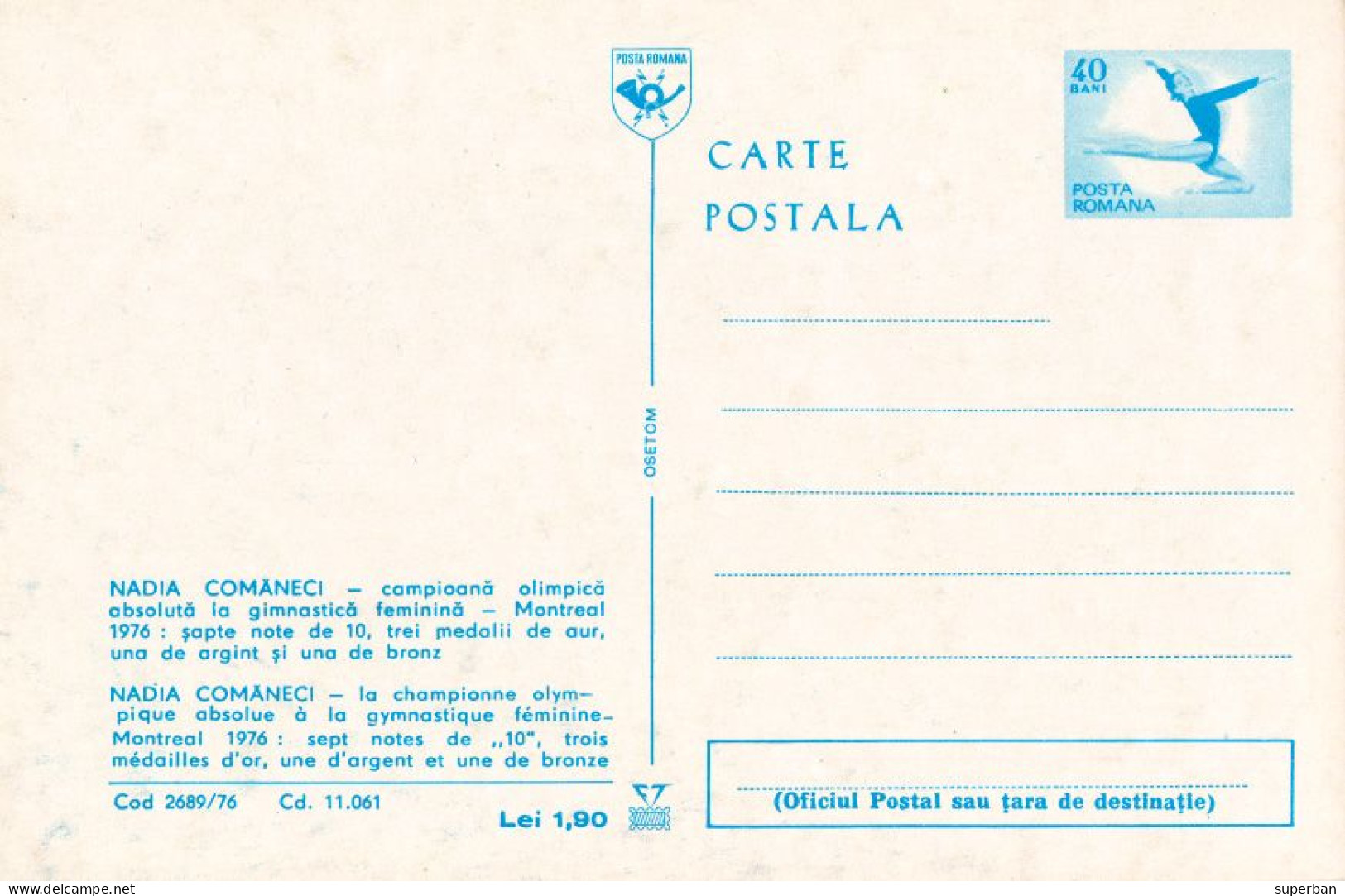 ROMANIA / GYMNASTE : NADIA COMANECI - 1976 - ENTIER POSTAL ILLUSTRÉ / STATIONERY PICTURE POSTCARD : 40 BANI (an660) - Postal Stationery