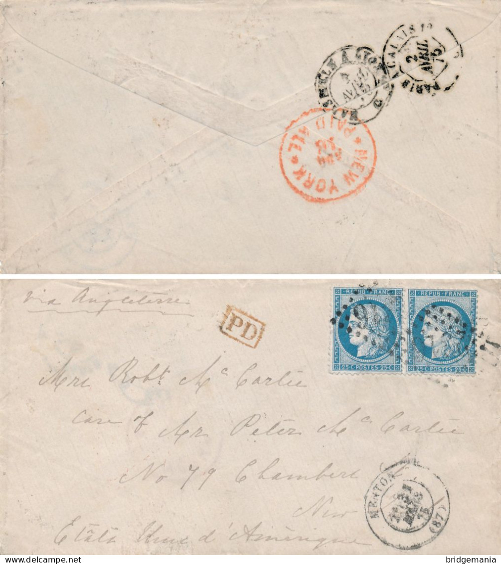 MTM159 - 1875 TRANSATLANTIC LETTER FRANCE TO USA Steamer WESER II NGL - PAID - Postal History