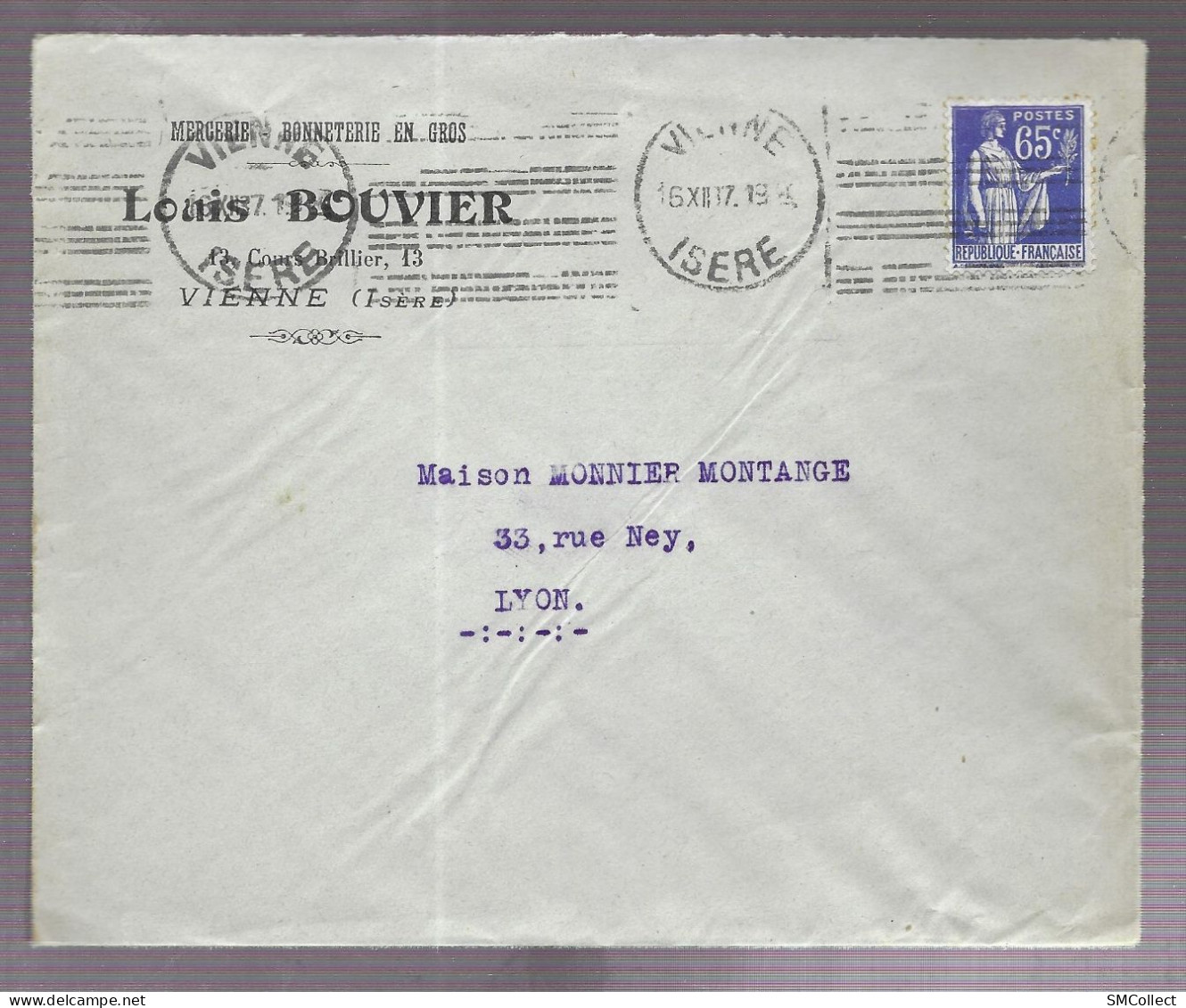 Vienne 1937. Enveloppe à En-tête Du Louis Bouvier, Mercerie, Voyagée Vers Lyon - 1921-1960: Periodo Moderno