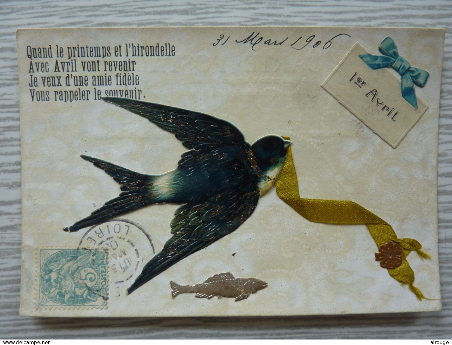 CP Poisson D'Avril Avec Une Hirondelle En Ajoutis, écrite 1906 - 1° Aprile (pesce Di Aprile)