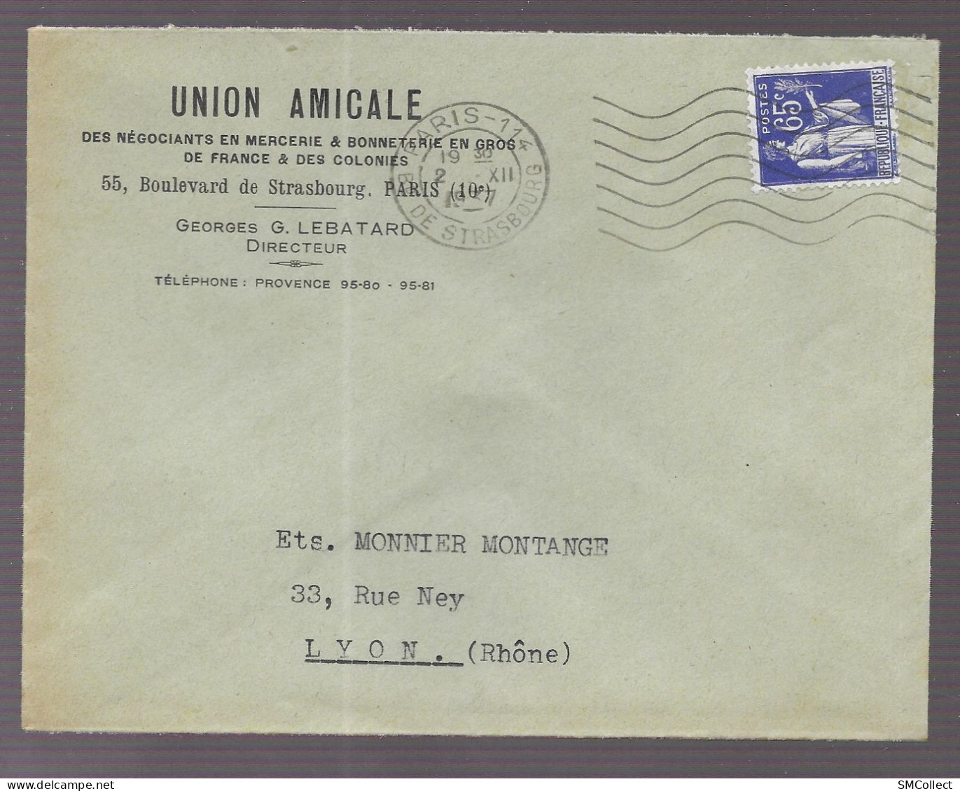 Paris 1937. Enveloppe à En-tête De L'union Amicale Des Négociants En Mercerie & Bonneterie, Voyagée Vers Lyon - 1921-1960: Periodo Moderno