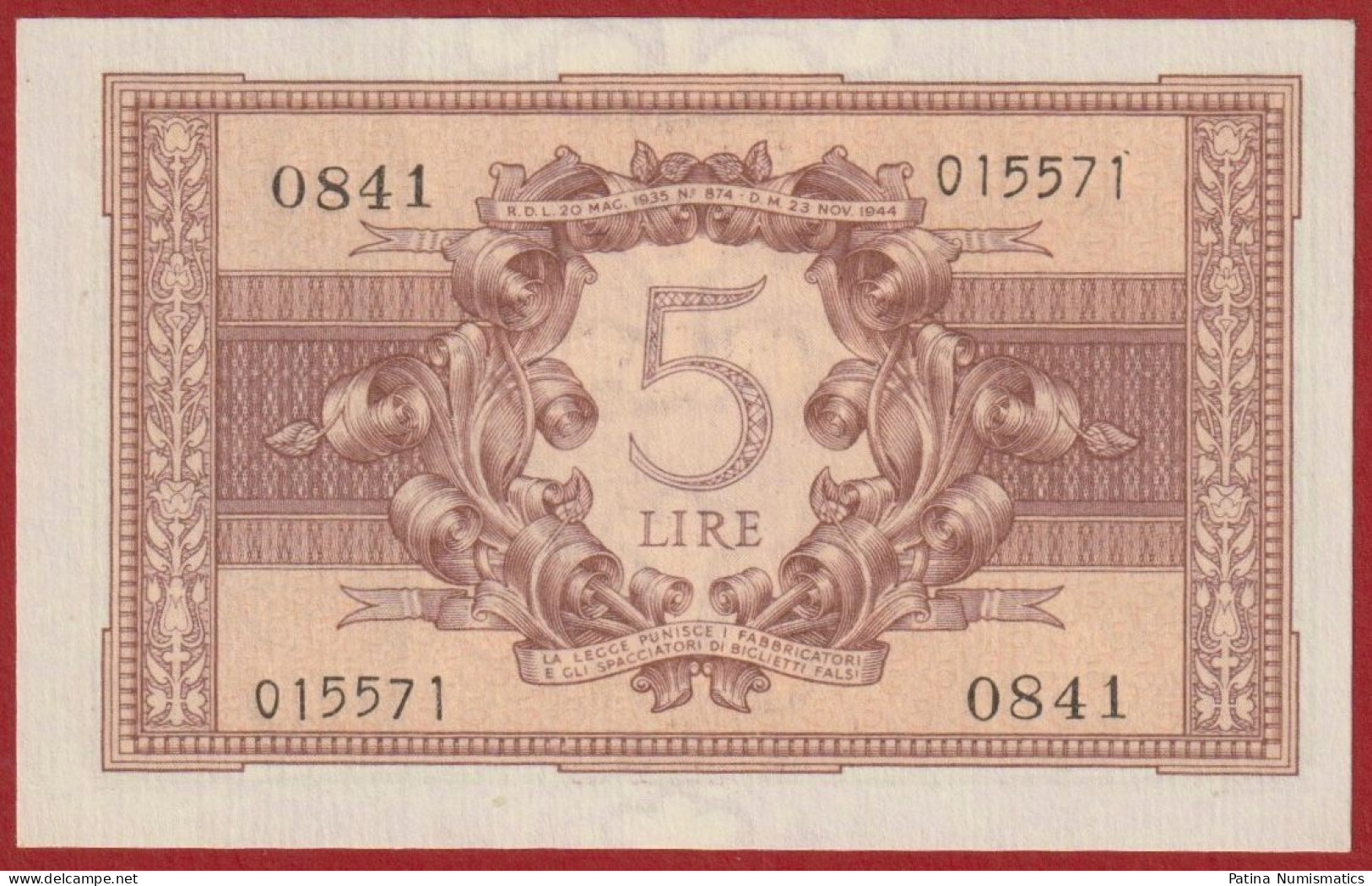 Italy 5 Lire 1944 P 31 C Crisp Gem UNC - Autres & Non Classés