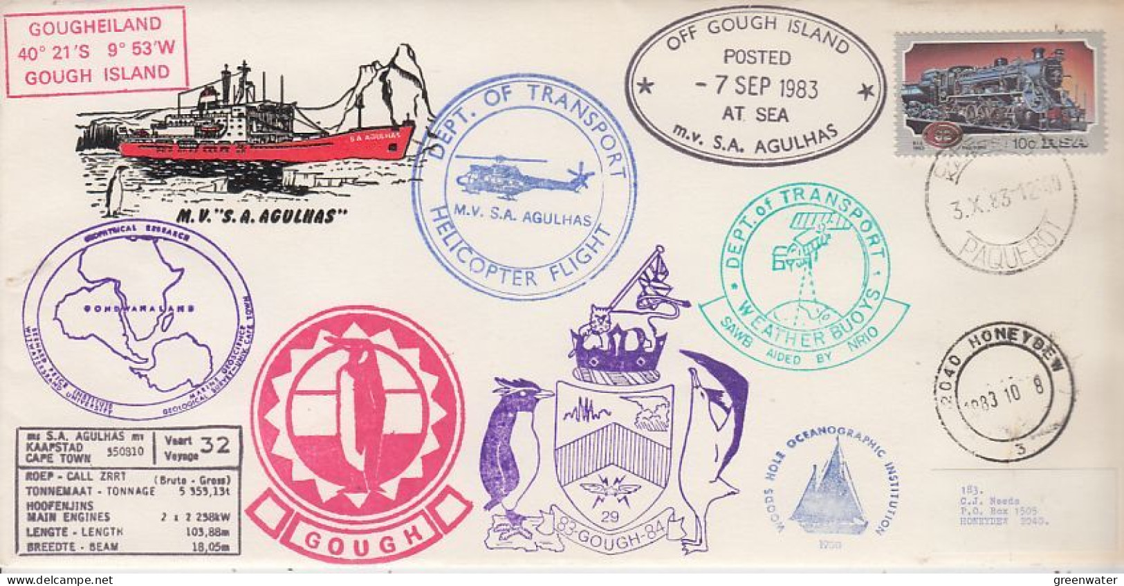 South Africa  Ca MV Agulhas Ca Heliflight Ca Weather Boys  Ca Posted Off Gough Island 7 SEP 1993(GS203) - Navires & Brise-glace