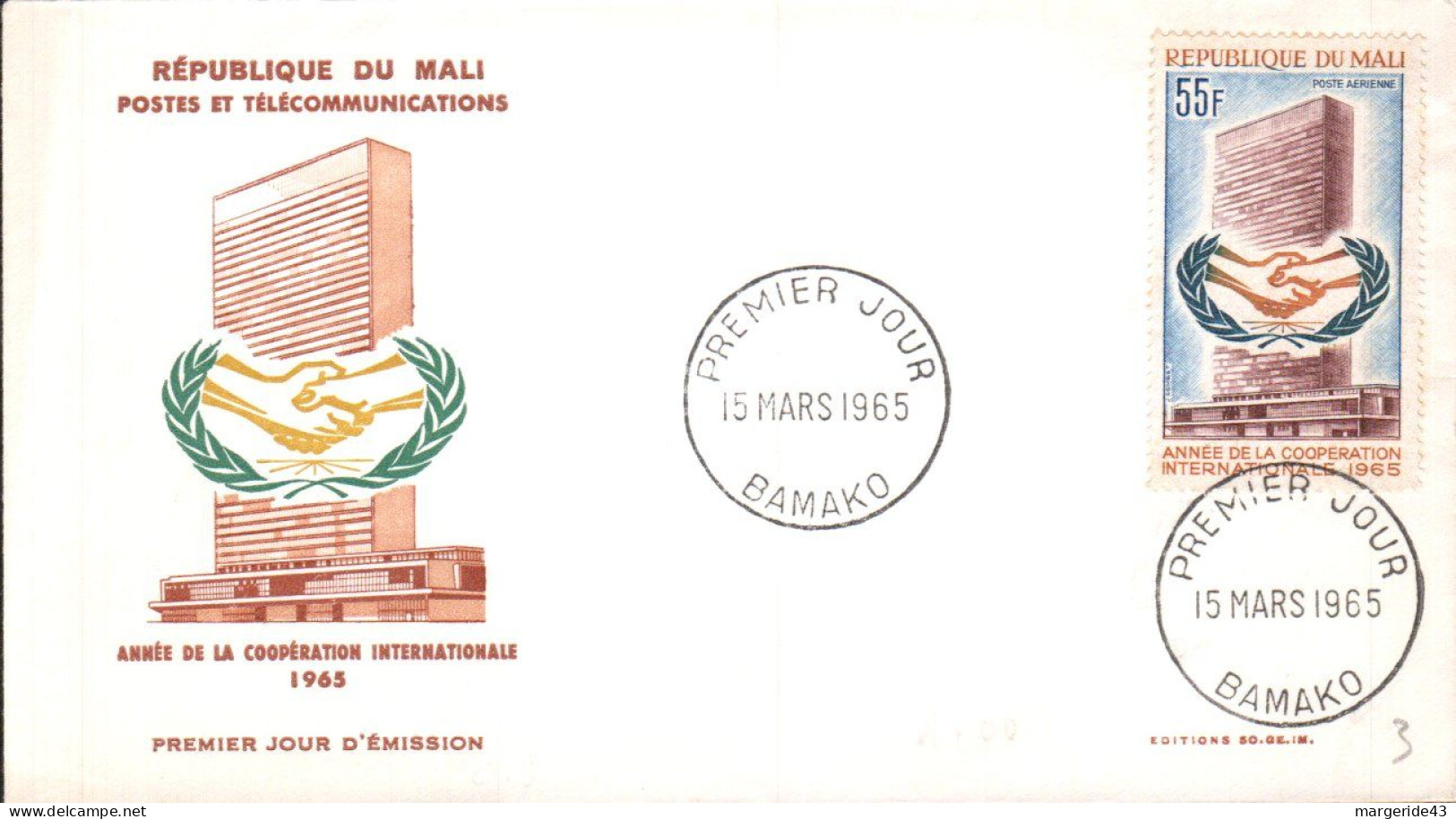 MALI FDC 1965 ANNEE COOPERATION INTERNATIONAL - Malí (1959-...)