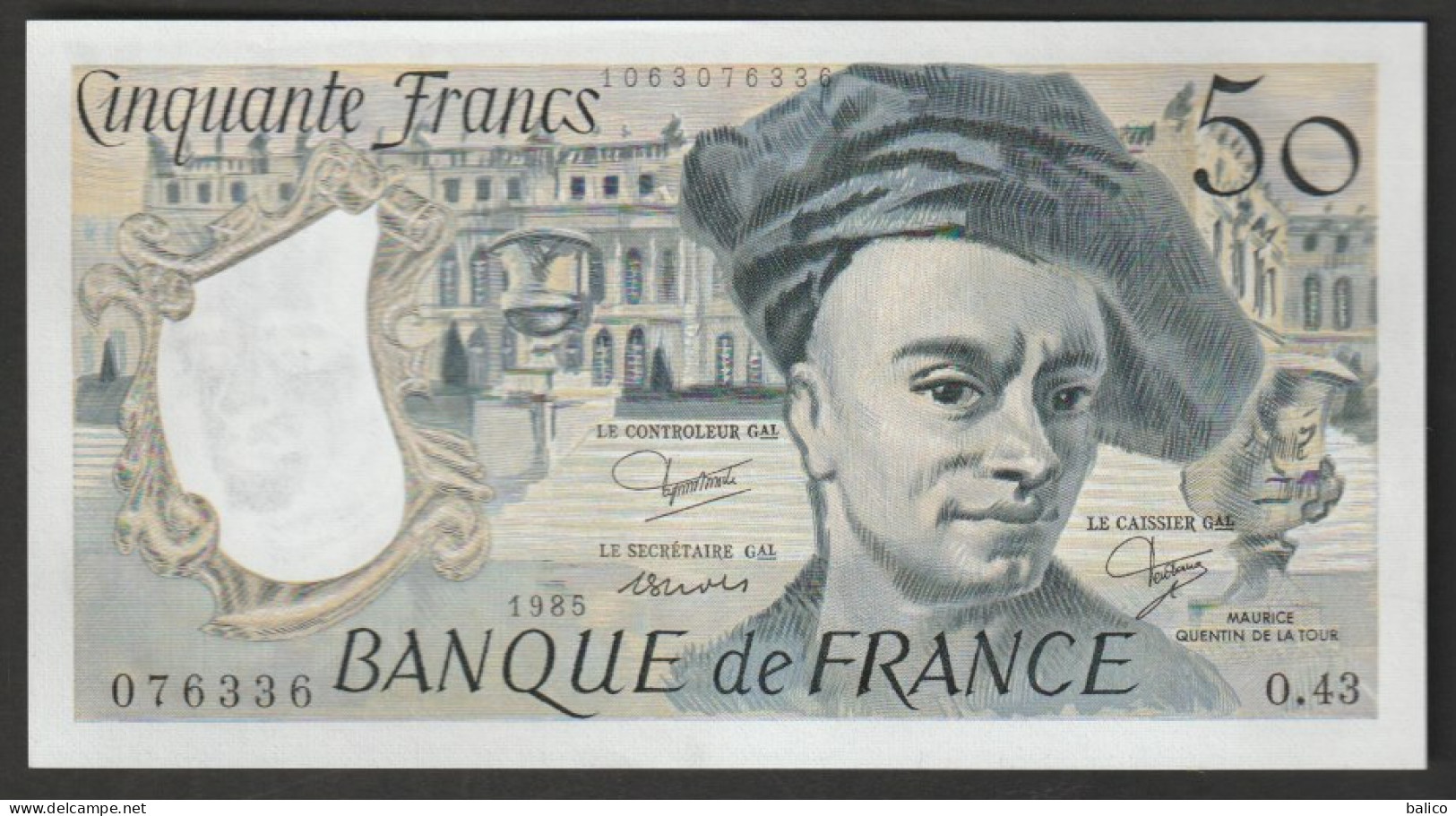 50 Francs Quentin De La Tour - NEUF, Pas De TROU Et Pas De Plis -  O.43 -  N°076336  Année 1985 - TTB Splendide - 50 F 1976-1992 ''quentin De La Tour''