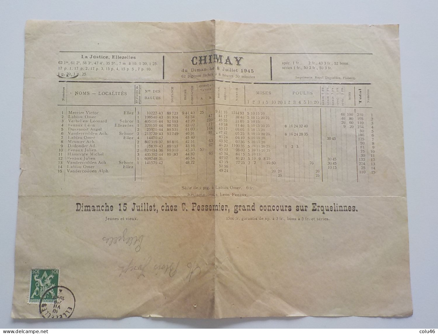 1945  Chimay Colombophilie Document Relevé De Lacher De Pigeons La Justice Ellezelles - Chimay