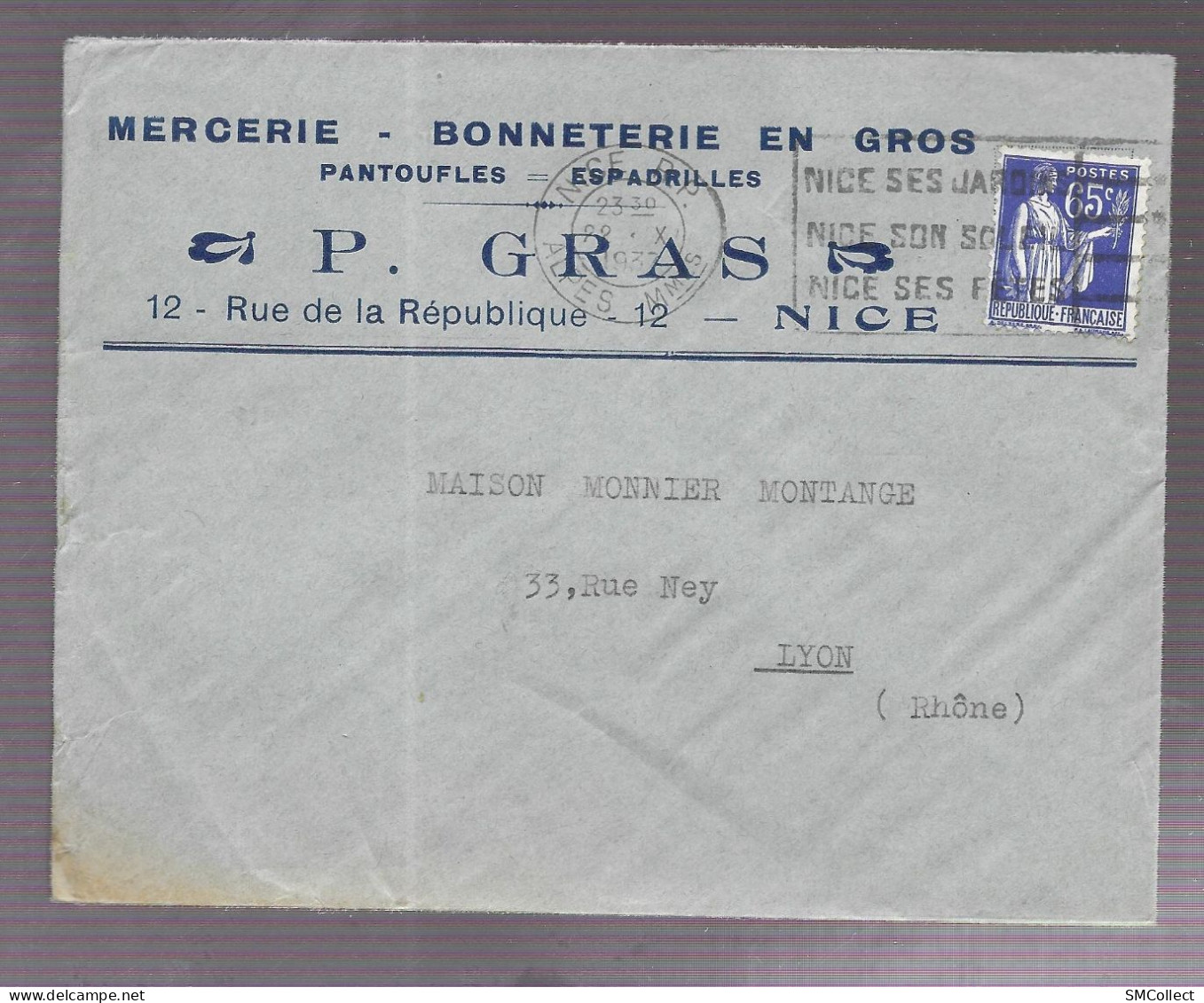 Nice 1937. Enveloppe à En-tête P. Gras, Mercerie, Voyagée Vers Lyon - 1921-1960: Période Moderne