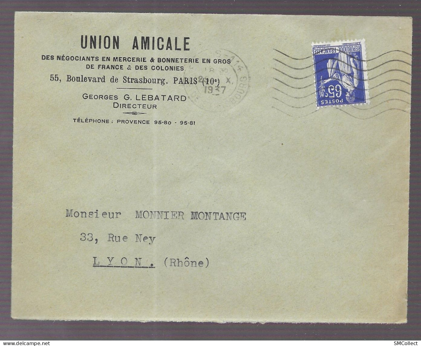 Paris 1937. Enveloppe à En-tête De L'union Amicale Des Négociants En Mercerie Et Bonneterie, Voyagée Vers Lyon - 1921-1960: Moderne