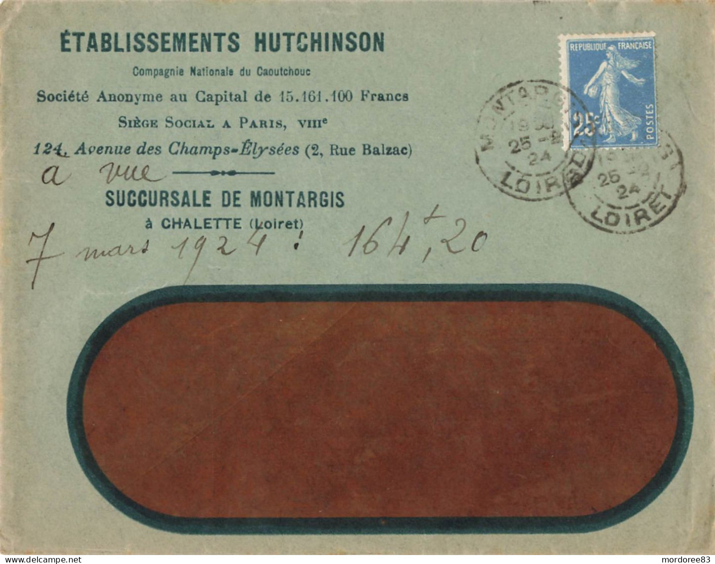 SEMEUSE 20C SUR ENVELOPPE ENTETE HUTCHINSON MONTARGIS 25//2/24 - - Cartas & Documentos