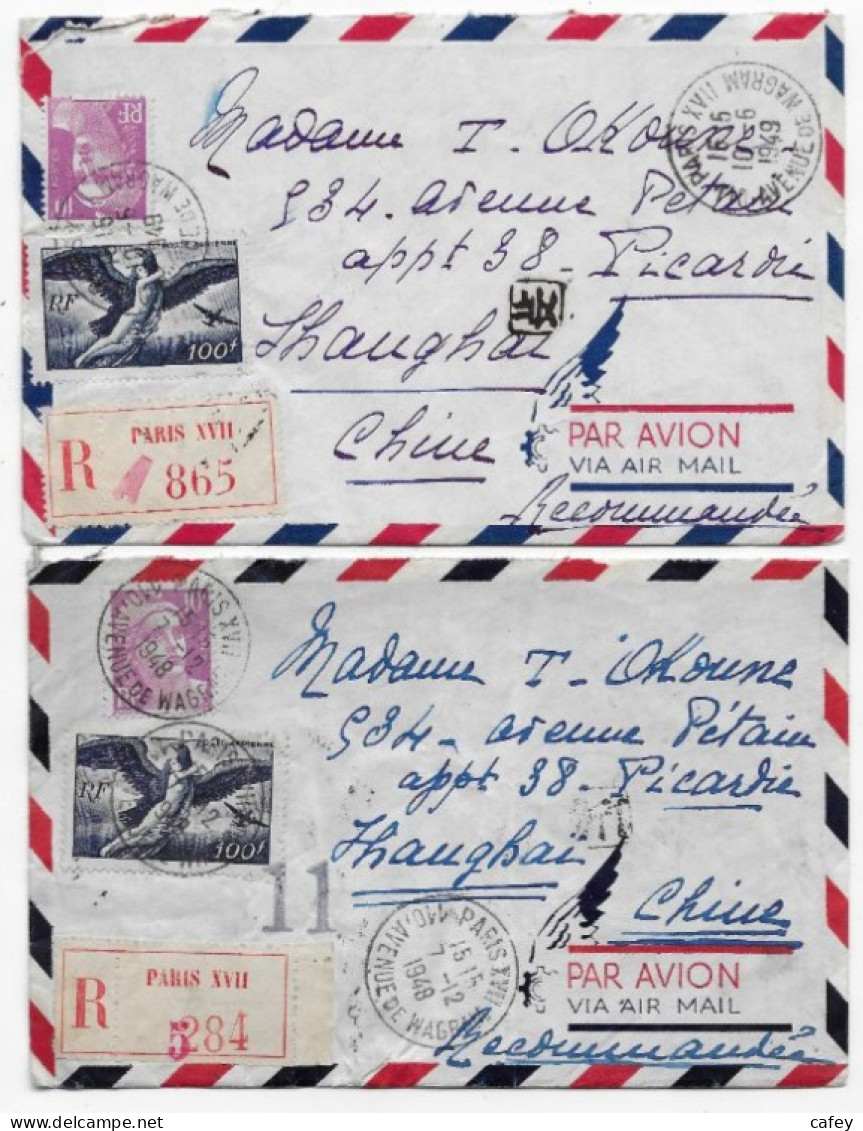 POSTE AERIENNE FRANCE / CHINE 2 Lettres Avec Texte Recommandée De PARIS 1948/49 P / SCHANGAI Destination Rare Fin 40 - 1921-1960: Periodo Moderno