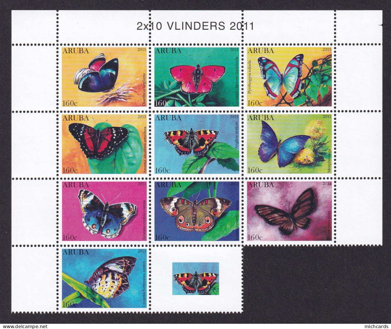 323 ARUBA 2011 - Y&T 601/10 Avec Vignette - Papillon - Neuf ** (MNH) Sans Charniere - Curazao, Antillas Holandesas, Aruba