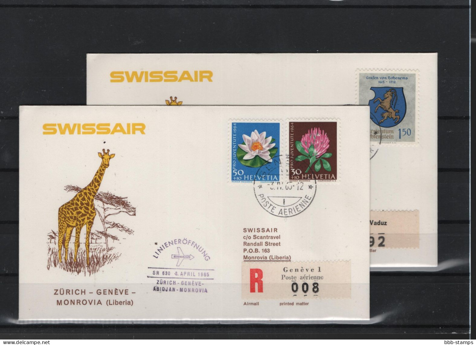 Schweiz Air Mail Swissair  FFC  3.4.1965 Zürich - Genf- Monrovia Vv - Premiers Vols