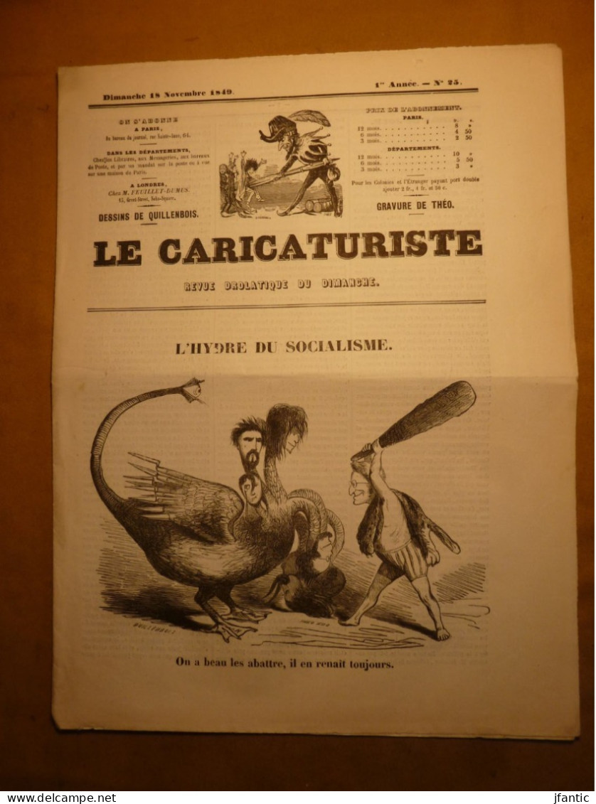 Le Caricaturiste, Revue Drolatique Du Dimanche, 1 ère Année N°25, Dimanche 18 Novembre 1849. L'hydre Du Socialisme. - Non Classés